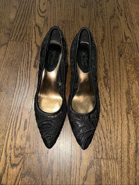 Nine & Co Vintage Elegant Black Pointed Lace Leather Low Heel Pumps 11